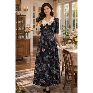 Tradwife Cottagecore Vintage Y2K Miss Dorby BlackFloral Lace Pearl 16 MaxiDress